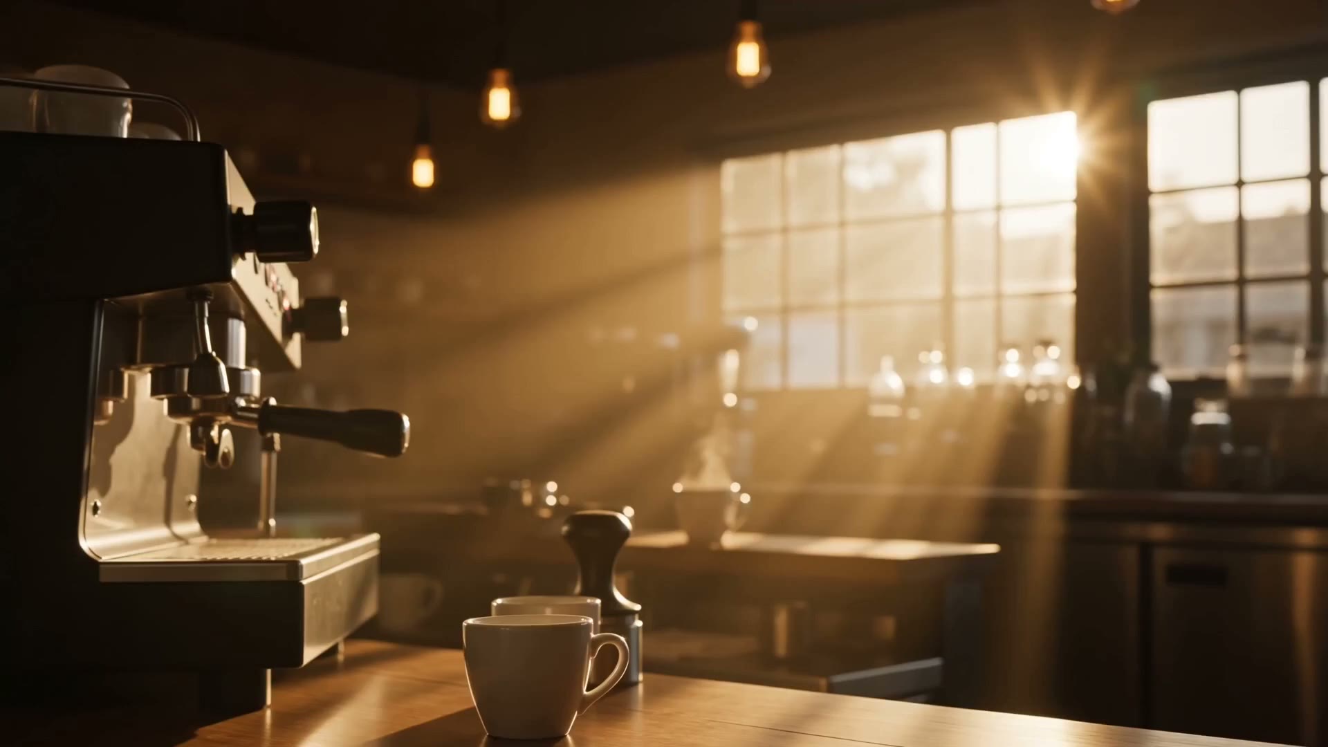 Sunlit artisan espresso bar at golden hour with steam rising from a freshly pulled espresso