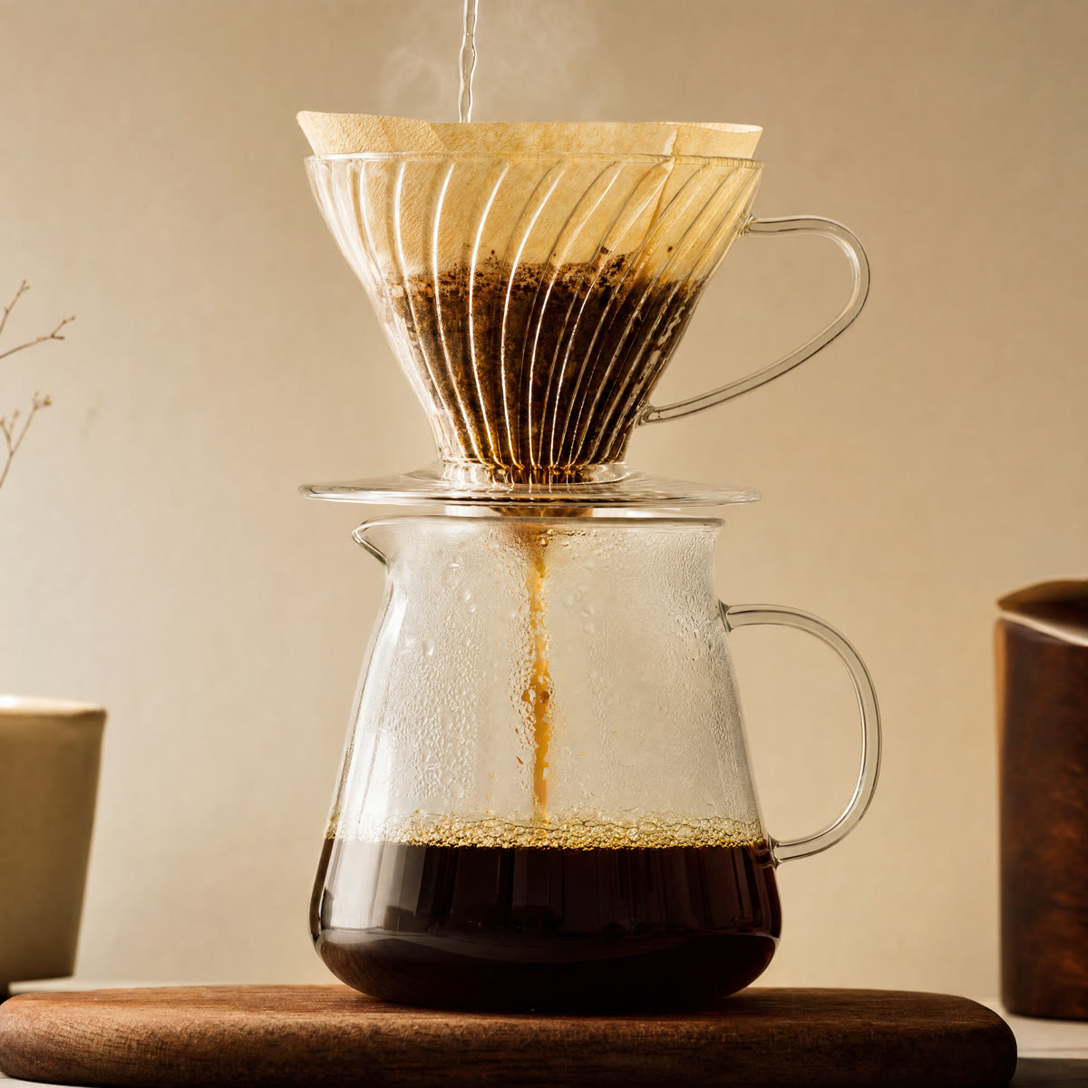 Glass pour-over dripper streaming coffee